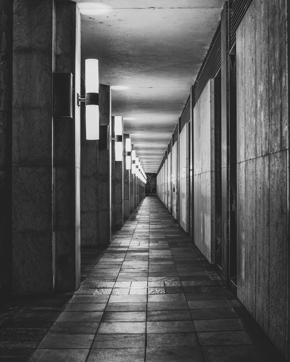 A long hallway receding into low light