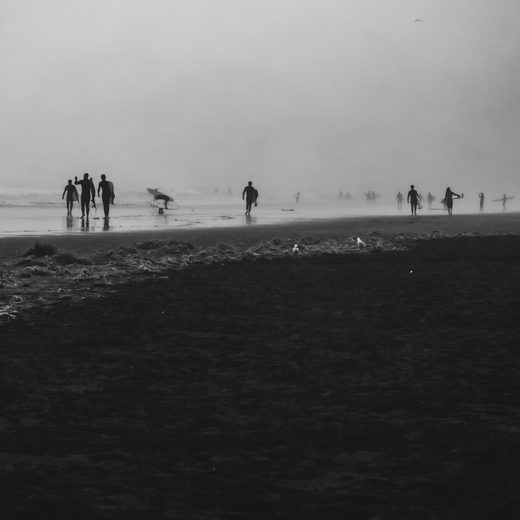 Surfers walking a misty beach at dawn